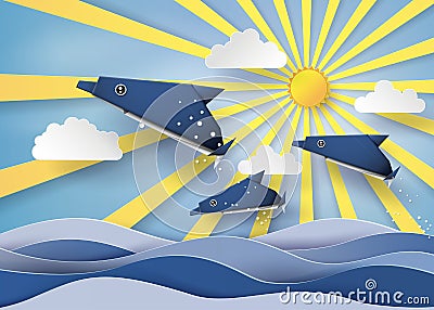 Origami made dolphin and sailing boat Float on the sea with Orig Vector Illustration