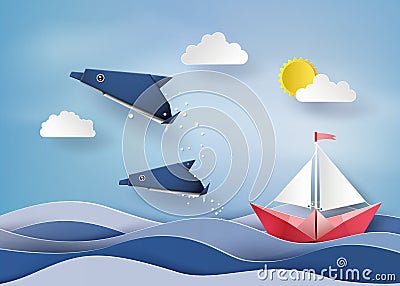 Origami made dolphin and sailing boat Float on sea . Vector Illustration