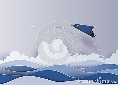 Origami made dolphin in the sea Vector Illustration