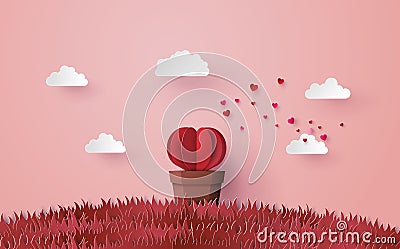 Origami made Heart shape tree with pot set in the pink grass. Vector Illustration