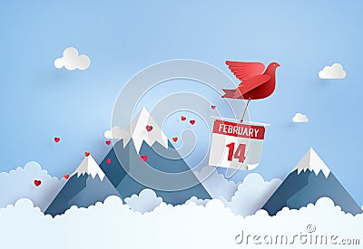 Origami made red paper bird flying on blue sky . paper art and craft style. Vector Illustration