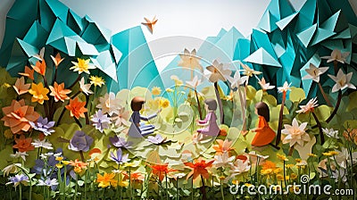 Origami Meadow Delight: Children and Rainbow in a Paper Wonderland Stock Photo