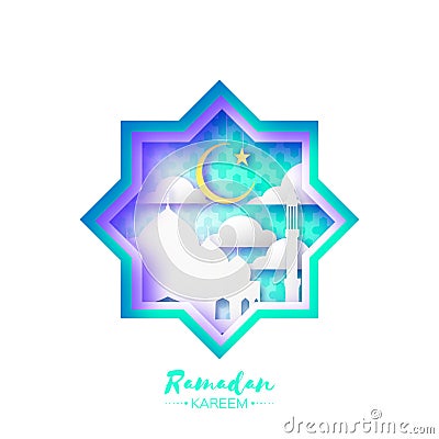 Origami Mosque Star Window Ramadan Kareem Greeting card with arabic arabesque pattern. Vector Illustration