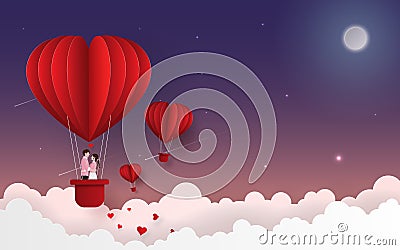Origami Paper art of Cute couple on balloon floating on the sky with full moon in twilight time Stock Photo
