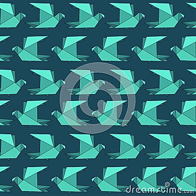 Origami flat paper birds seamless pattern in turquoise Vector Illustration