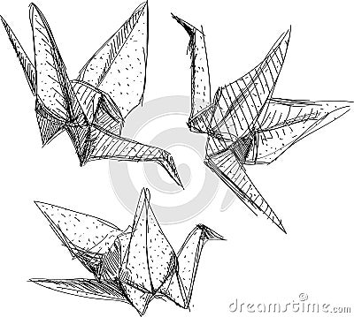 Origami paper cranes set sketch. The black line on white background Vector Illustration