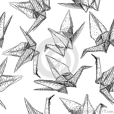 Origami paper cranes set sketch seamless pattern. black line Vector Illustration