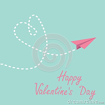 Origami paper plane. Dash heart in the sky. Happy Vector Illustration