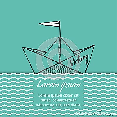 Origami paper ship Victory on sea waves vector illustration Vector Illustration