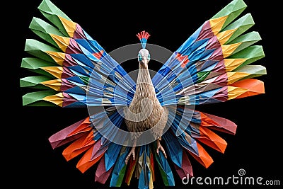 origami peacock with multicolored feathers spread Stock Photo