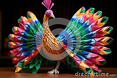 origami peacock with multicolored feathers spread Stock Photo