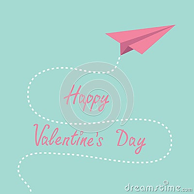 Origami pink paper plane. Dash line in the sky. Ha Vector Illustration