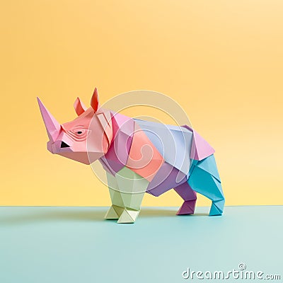 Playful Origami Rhino: Minimalist Design With Bold Colors Stock Photo