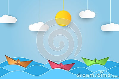 Origami sailing boat in waves. Paper art style background with ship, ocean, sun and clouds. Vector. Vector Illustration