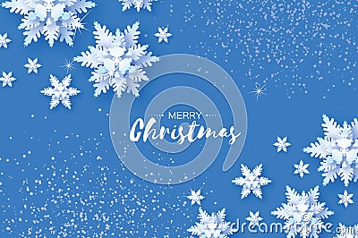 Origami Snowfall. Merry Christmas Greetings card. White Paper cut snow flake. Happy New Year. Winter snowflakes Vector Illustration