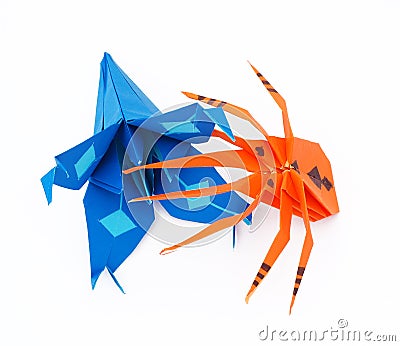 Origami spider and blue lily Stock Photo