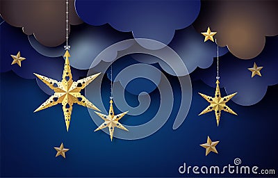 Origami star hang on sky in dark night. Vector Illustration