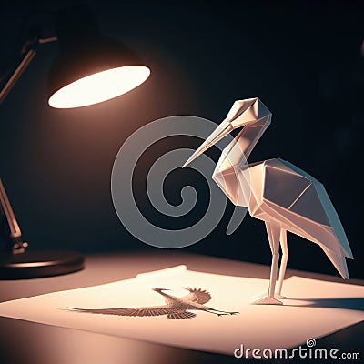 Origami stork sitting on table looking at stork drawing Stock Photo