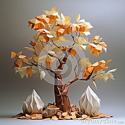 Autumn Origami Tree: A Delicate And Meticulous Creation By A Child Stock Photo