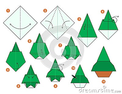 Origami tutorial for kids. Origami cute fir. Vector Illustration