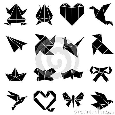 Origami vector icon set. Paper crane, frog, bird illustration sign collection. japan symbol. Cartoon Illustration