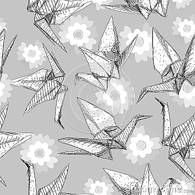 Origami white paper cranes set sketch seamless pattern. gray line Nature oriental background with japanese Sakura flowers pastel c Vector Illustration