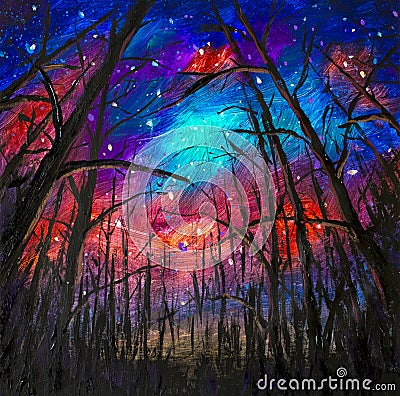 Original acrylic painting Night landscape. Beautiful illustration starry sky through trees Cartoon Illustration