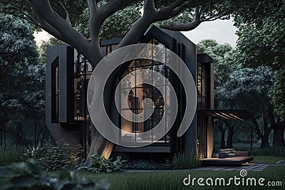 original architectural project with house in trees cozy backyard Stock Photo