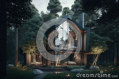 original architectural project with house in trees cozy backyard Stock Photo