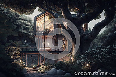 original architectural project with house in trees cozy backyard Stock Photo