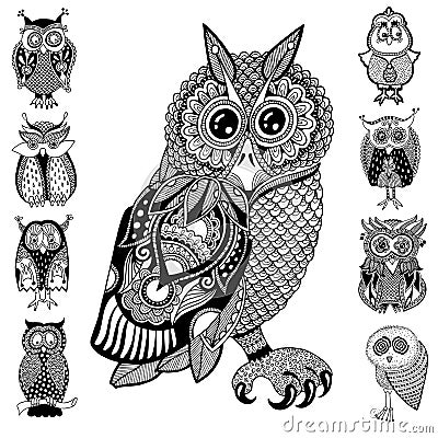 Original artwork of owl, ink hand drawing in Vector Illustration