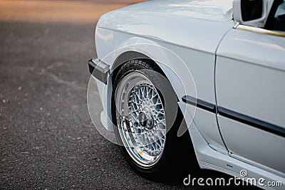 Berlin, Germany - July 07, 2020: Original BBS wheels on BMW M3 e30 outdors. Editorial Stock Photo