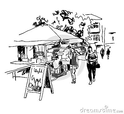 Original black and white digital sketch of street cafe Vector Illustration