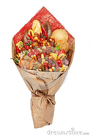 Original bouquet consisting of different varieties of sausage, meat, smoked cheese, tomatoes, pepper and bread as a gift Stock Photo