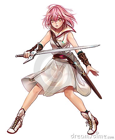 Cute original character design of fantasy female girl warrior or swordswoman magic fencer knight named Lenaria in Japanese manga Cartoon Illustration