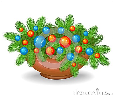 Original composition of Christmas tree branches. Traditional symbol of the New Year. Creates a festive mood. Decorated with bright Cartoon Illustration