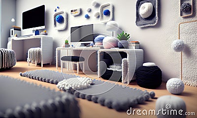 An original composition of knitted products in a small room, generated by artificial intelligence Stock Photo