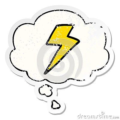 A creative cartoon lightning bolt and thought bubble as a distressed worn sticker Vector Illustration