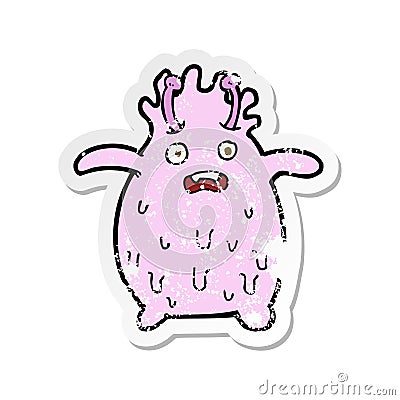 A creative retro distressed sticker of a cartoon funny slime monster Vector Illustration
