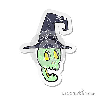 A creative retro distressed sticker of a cartoon skull wearing witch hat Vector Illustration