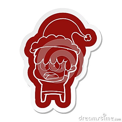 A creative worried cartoon sticker of a boy wearing santa hat Vector Illustration