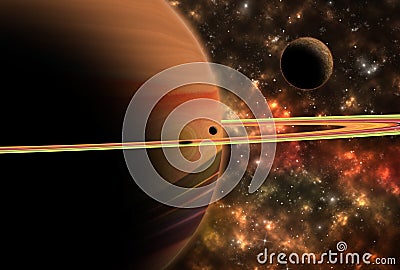 Large ringed planet. Stars, nebula and space clouds Cartoon Illustration