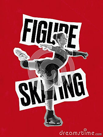 Creative poster with bw portrait of little female figure skater on red background with lettering. Concept of movement Stock Photo