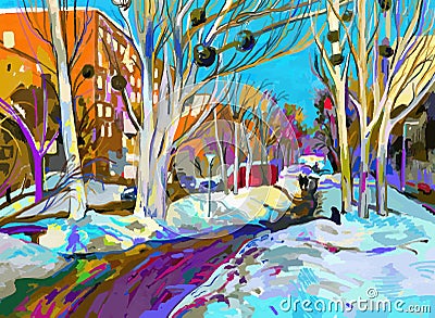 Original digital painting of winter cityscape. Vector Illustration