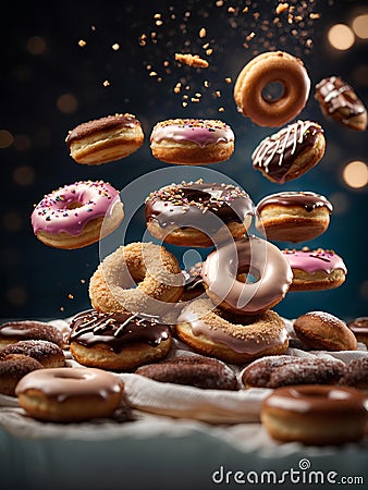 Floating original doughnuts, delicious and unique dessert, glazed donut. Cinematic advertising photography Stock Photo