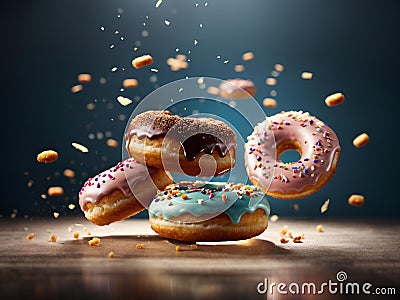 Floating original doughnuts, delicious and unique dessert, glazed donut. Cinematic advertising photography Stock Photo
