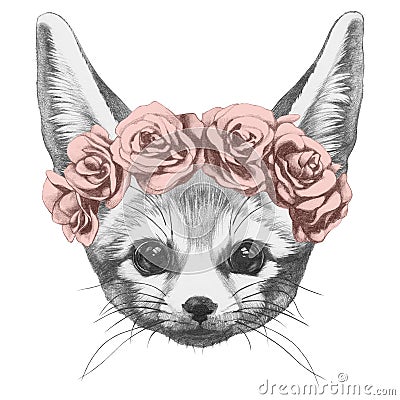 Original drawing of Fennec Fox with roses. Stock Photo