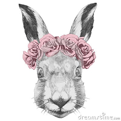 Original drawing of Rabbit with roses. Stock Photo