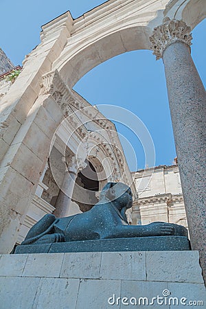 Original Egyptian sphinx - one is on Peristil square, the other in front of Jupiter`s temple or St. John`s church. They were broug Stock Photo