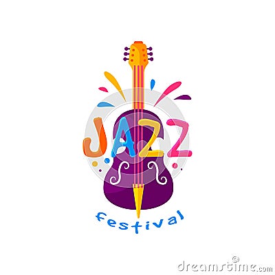 Original flat vector emblem for jazz festival. Creative badge with purple double bass and text. Music logo Vector Illustration